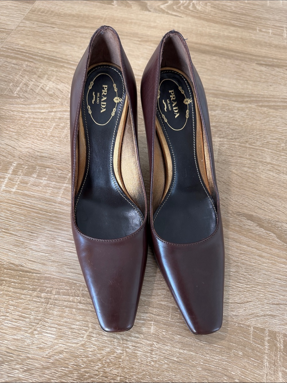 Prada Women's Dark Brown Leather Square-Toe Pumps